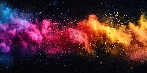 Obraz premium Vibrant multicolor powder explosion on a dark background with pink, blue, orange, and yellow hues splattering across the image in dynamic motion.