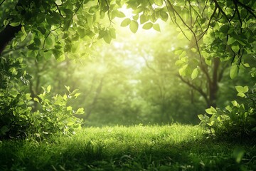 Fototapeta premium Sunlit Green Forest Glade: A Serene Nature Scene