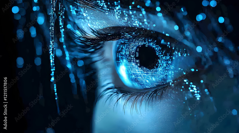 Poster a close-up of an eye with a digital, blue glow, surrounded by shimmering particles, reflecting techn