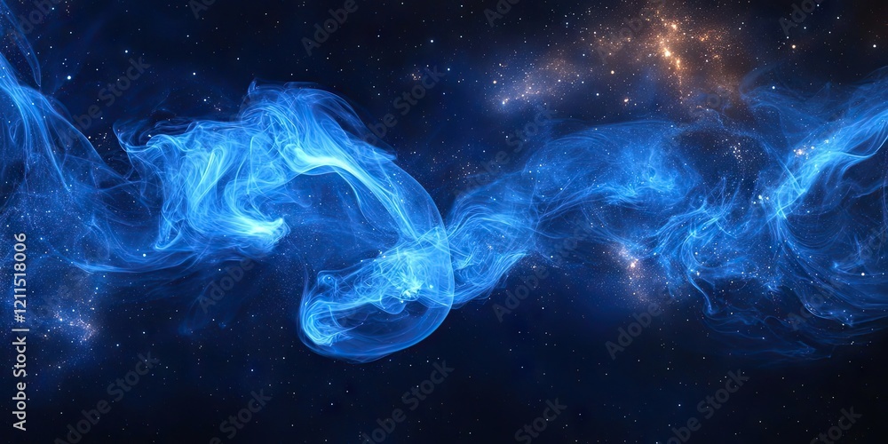 Poster blue abstract smoke swirls gracefully across a deep space backdrop filled with stars and cosmic elem