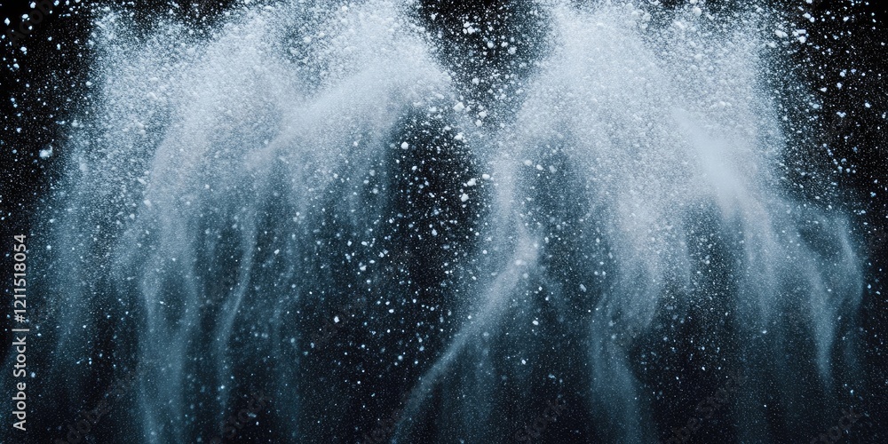 Poster abstract white powder cascading down with fine particles against a dark background creating a mystic