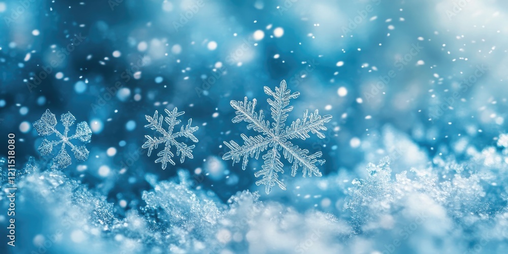 Poster winter wonderland scene showcasing various intricate snowflake shapes in a soft blue background with