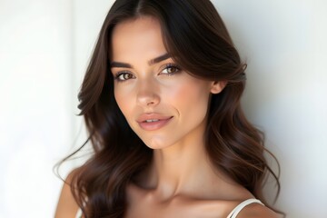 Beautiful brunette girl in move with a perfectly smooth hair, and classic make-up.