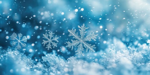 Winter wonderland scene showcasing various intricate snowflake shapes in a soft blue background with blurred snowfall and textured snow drifts.
