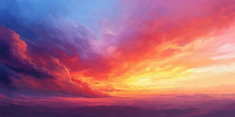 Naklejka premium Vibrant sunset sky featuring dramatic purple and orange clouds transitioning to soft blue hues over distant mountains captured in a wide landscape format