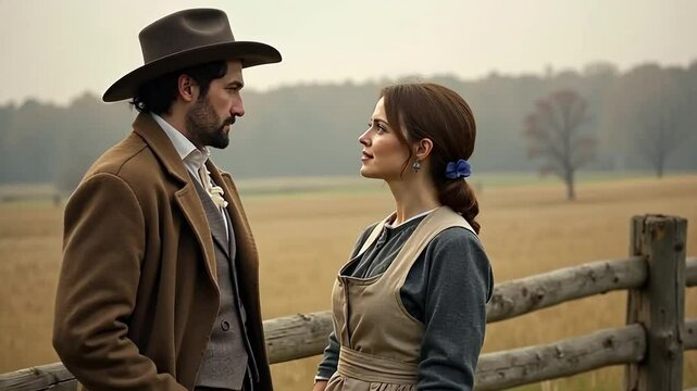 In the 1860s countryside, a couple shares a quiet moment by a fence, dressed in simple, modest attire.