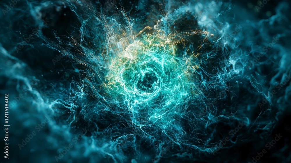 Poster a swirling mass of bluegreen energy cosmic space abstract animation dark environment close-up view m