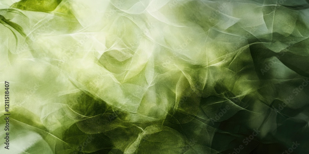 Poster abstract green background featuring soft, wavy textures and layers of translucent leaves, creating a