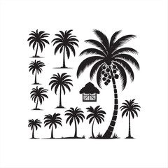 Black and White Set of Palm Tree Patterns with Beach Huts isolated Vector Art on White Background