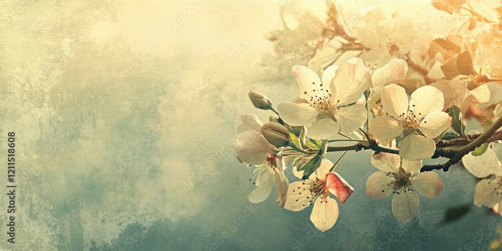 Poster delicate apple blossoms in soft pastel hues against a textured background with gentle light from the