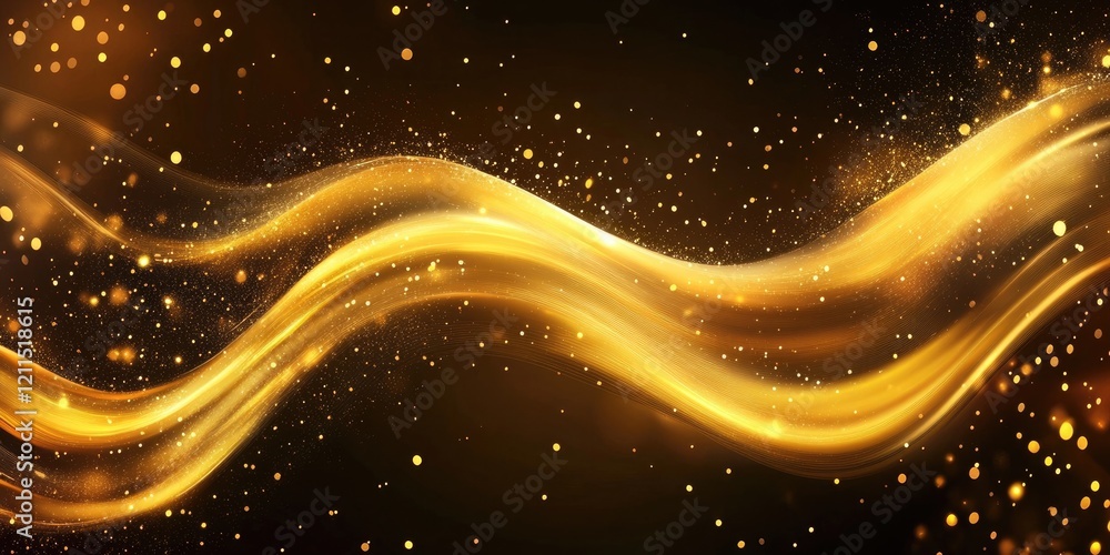 Poster golden flowing waves with sparkling particles on a dark background, featuring soft curves and dynami