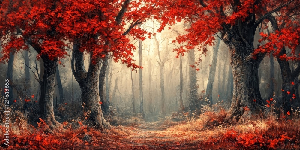 Poster autumn forest pathway surrounded by vibrant red maple leaves with soft golden light filtering throug