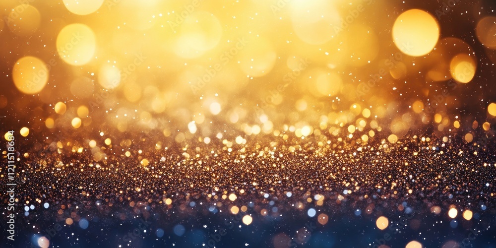 Poster glittering golden and blue festive background with an abstract defocused bokeh effect of shimmering 