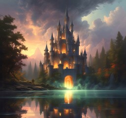 Illustration of glowing mystery tower castle in night.
