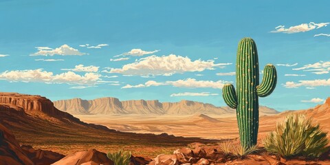 Vibrant cactus standing on rocky terrain in a sunlit arid landscape with blue sky and distant mountains under fluffy clouds.