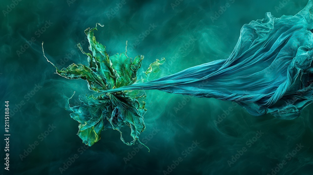 Poster Dynamic turquoise line pulling through canvas abstract art digital creation colorful environment close-up view fluid motion