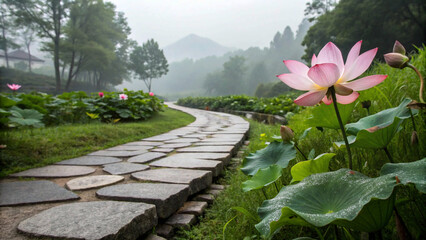 Serene Pink Lotus Flower Blooming Amidst a Tranquil Stone Path in a Lush Garden