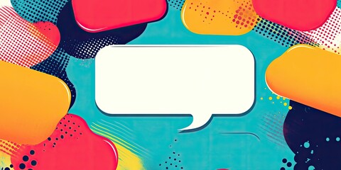 Colorful abstract background with vibrant pink, yellow, and blue speech bubble shapes framing a central blank white text box for quotes.