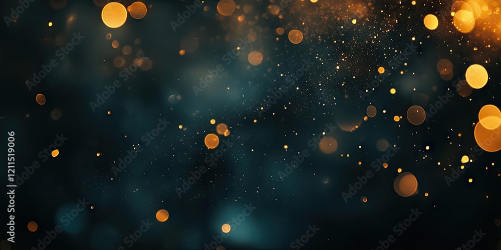 Poster bokeh effect with golden and orange orbs on a dark teal background creating an abstract texture with