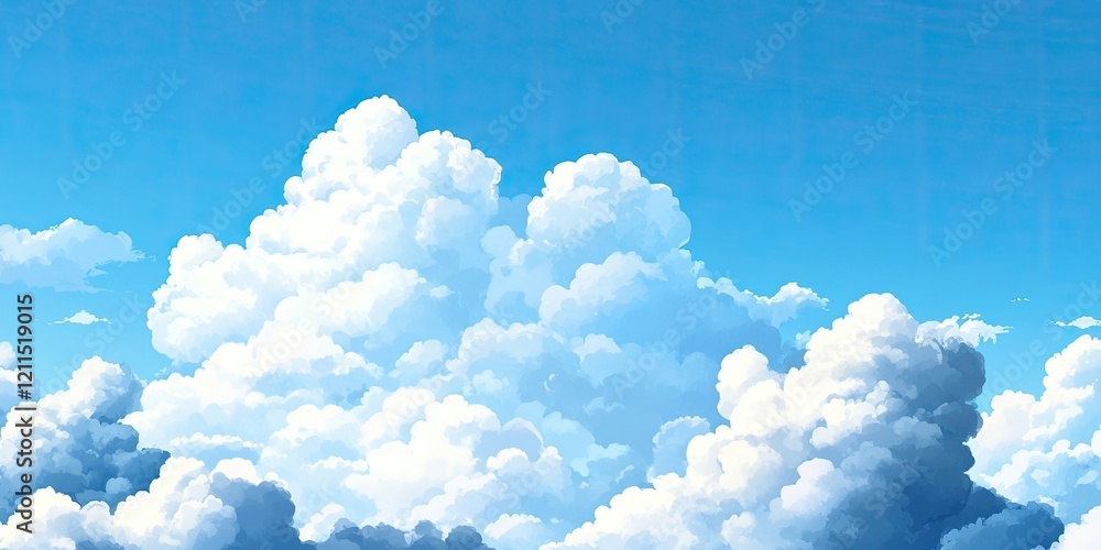 Poster fluffy white clouds in varied shapes and sizes against a clear blue sky with a gradient of lighter b