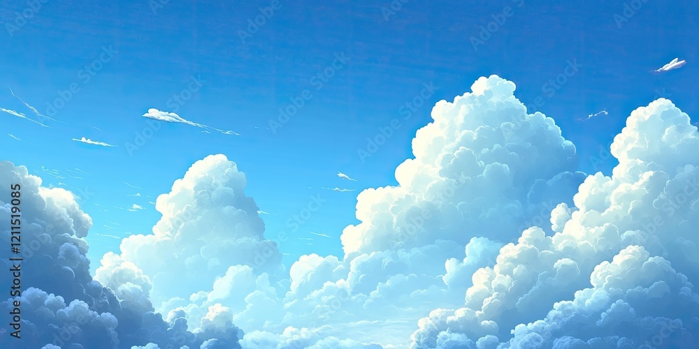Poster vibrant azure sky with fluffy white clouds creating a serene atmosphere positioned across the upper 