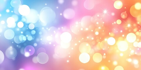Colorful abstract bokeh background featuring soft blue, pink, orange, and purple hues with twinkling light effects in a defocused style.