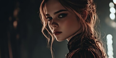 Fototapeta premium Mysterious Portrait of Young Woman with Dramatic Lighting and Intense Gaze