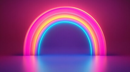Vibrant neon rainbow archway with reflection.