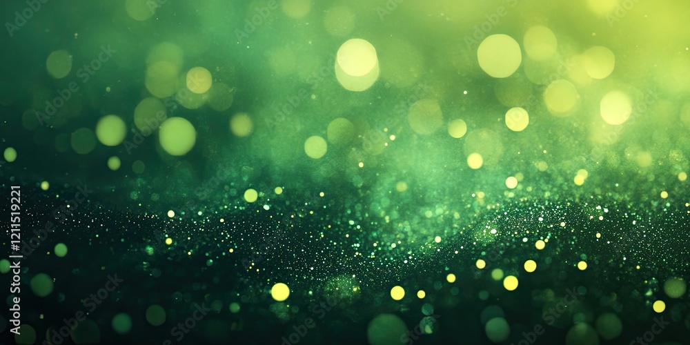 Poster blurred green glitter background with bokeh design featuring vibrant green and yellow hues, creating