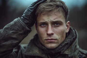 Obraz premium Portrait Of German Soldier Saluting In Front Generative AI