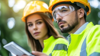 Obraz premium Construction Workers in Safety Gear Using Tablet on Site