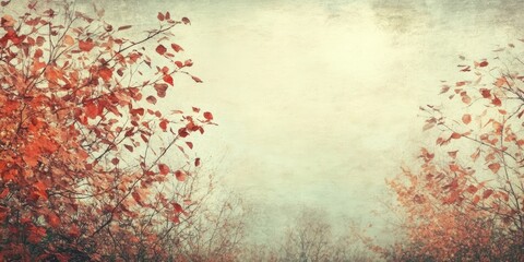 Vintage autumn backdrop with orange leaves framing a soft, textured gray sky, creating a nostalgic atmosphere for seasonal themes.
