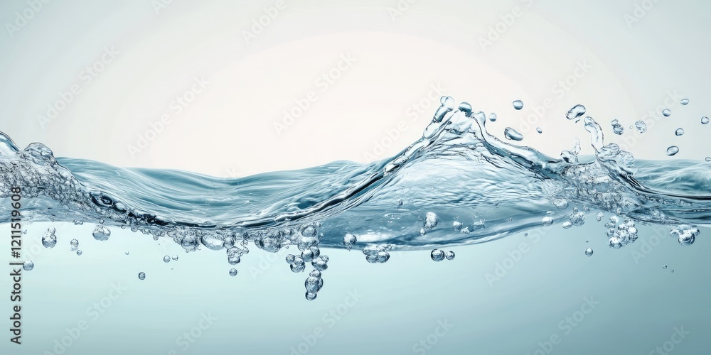 Poster crystal clear water wave with bubbles on a soft light blue background, creating a serene and refresh