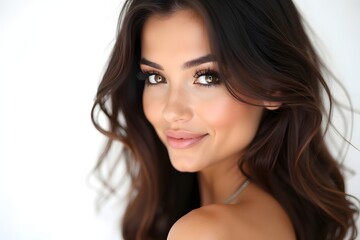 Obraz premium Beautiful brunette girl in move with a perfectly smooth hair, and classic make-up.