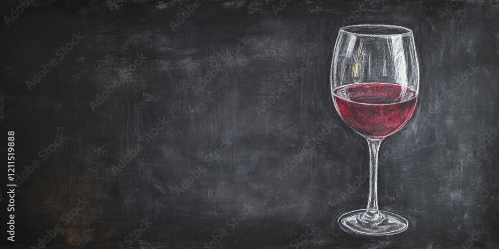 Poster chalk drawing of a red wine glass on a blackboard background with a clear area for text on the left 