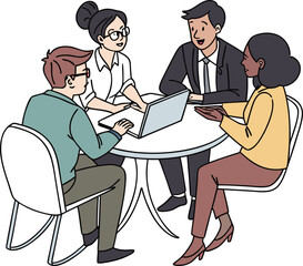 Partners meeting for business discussion with documents and laptop on desk. Couple at round table, speaking, discussing work, partnership. Flat vector on a white background