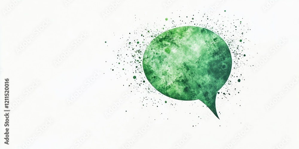 Poster green watercolor speech bubble on a light background with splatter effects positioned on the left si