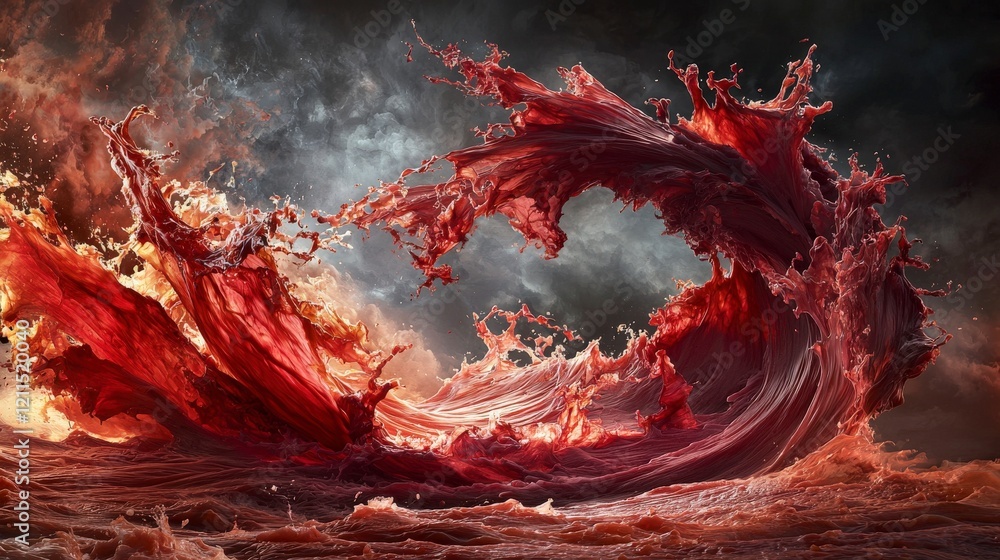 Poster churning waves of red-orange splendor abstract ocean scene digital art dramatic lighting dynamic com