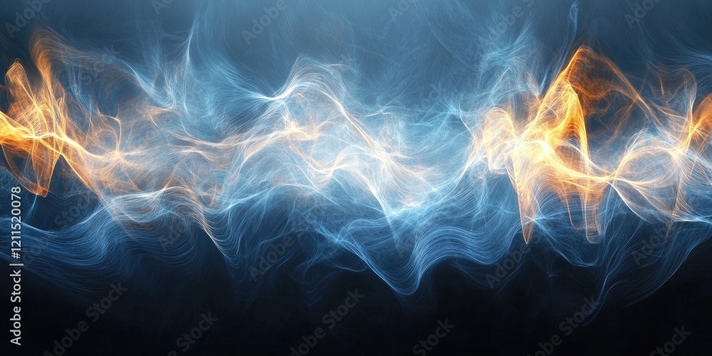 Poster colorful abstract light waves in blue and orange swirling against a deep black backdrop creating a d