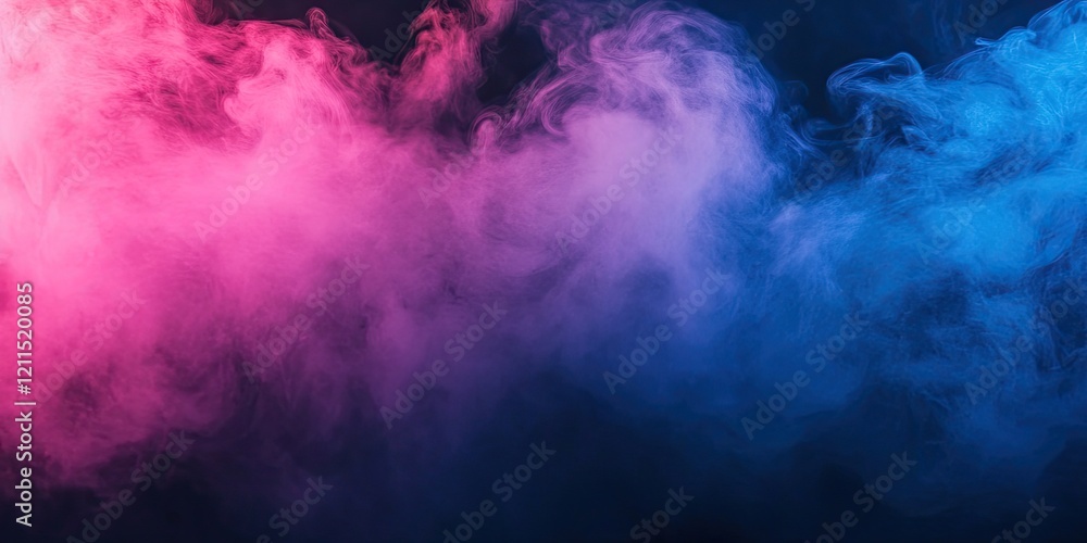 Poster colorful swirling blue and pink steam on a dark background with ample empty space for text positione