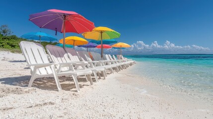 Fototapeta premium White lounge chairs and colorful umbrellas lined up on a sandy tropical beach next to turquoise ocean water under a clear blue sky.
