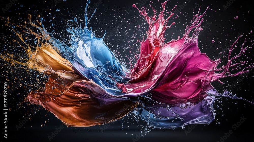 Fototapete Dynamic color splashes burst in a vibrant display studio setting abstract art high-contrast close-up energizing concept