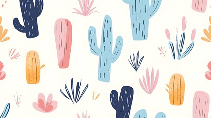 Colorful cactus desert pattern, nature textile design, summer background, repeat print