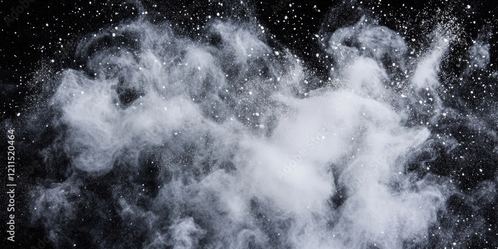 Poster dynamic abstract image of white powder splatter against a black background showcasing swirling textu