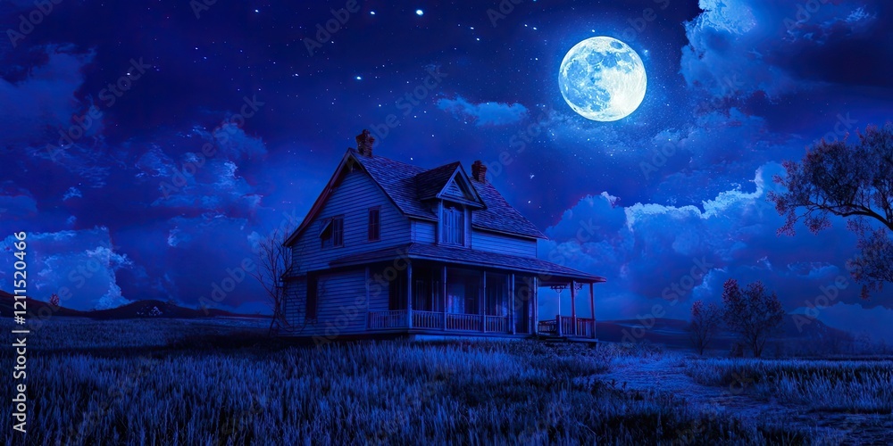 Poster moonlit blue sky illuminating an old house in a tranquil night scene with clouds and a large moon re