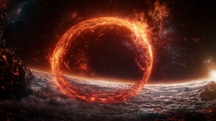 Obraz premium Orangered arc illuminates cosmic space celestial scene digital art vast environment dramatic perspective