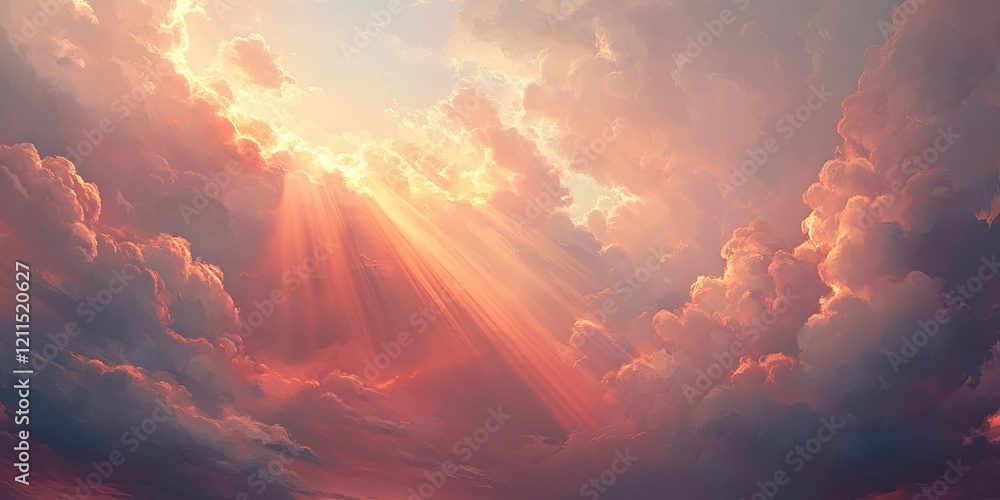 Aufkleber serene evening sky with soft grey stratus clouds and warm red sunlight rays streaming through, creat