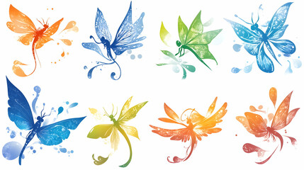 Colorful Dragonflies Watercolor Design, Nature,  Graphic Design Elements,  White Background, Ideal for Prints