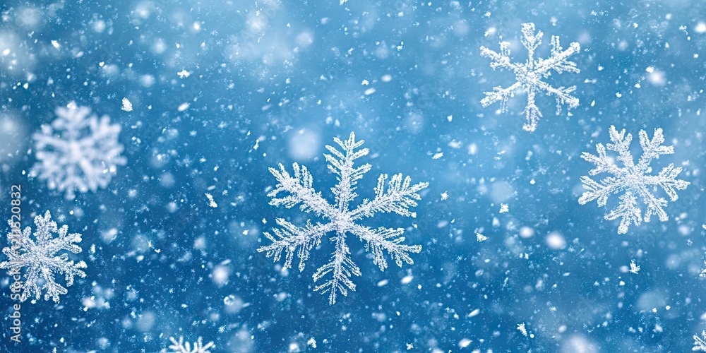 Poster snowflakes of various sizes floating against a textured blue background creating a serene winter atm