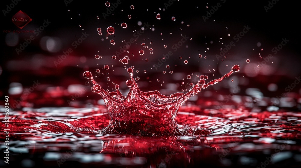 Poster Bloodred droplets splashing into empty space abstract art dark background close-up view conceptual imagery